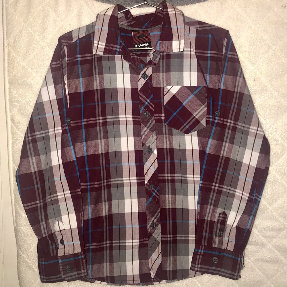 Tony Hawk burgundy aqua gray white plaid button down shirt size L 7